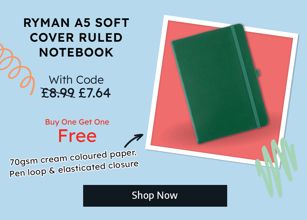 Ryman A5 Soft Cover Lined Notebook - With Code: £7.64, Without Code £8.99 - Buy One Get One Free - 70gsm cream coloured paper - Pen loop & elasticated closure