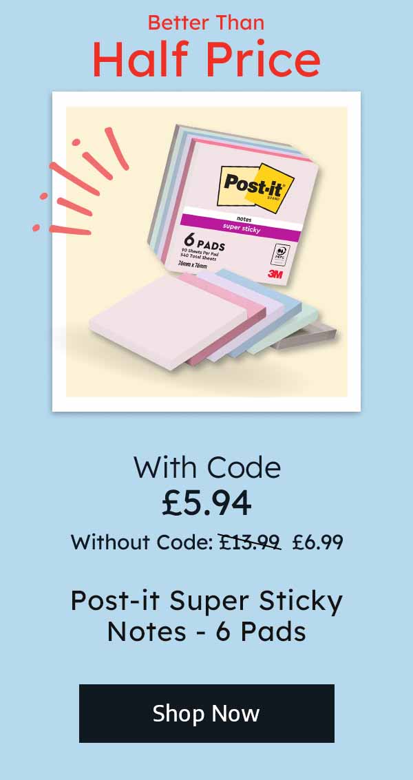 Post-it Super Sticky Notes - 6 Pads - With Code £5.94 - Without Code: Was £13.99, Now £6.99 - Better Than Half Price