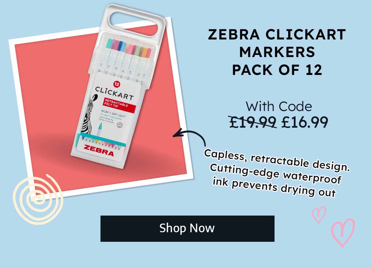 Zebra Clickart Markers - Pack of 12 - With Code: £16.99, Without Code £19.99 - Capless, retractable design - Cutting-edge waterproof ink prevents drying out