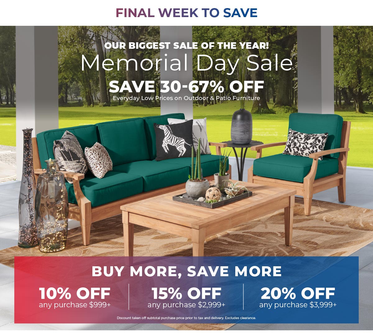 Memorial Day Sale - save 30-67% off patio furniture 