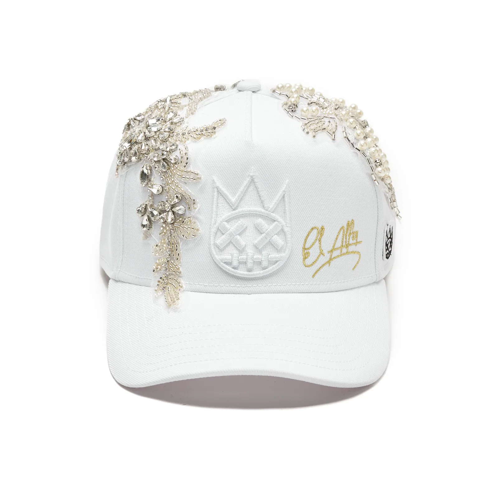 Image of Cult X El Alfa Lurex Emb Logo 5 Panel A Frame Trucker Hat in White