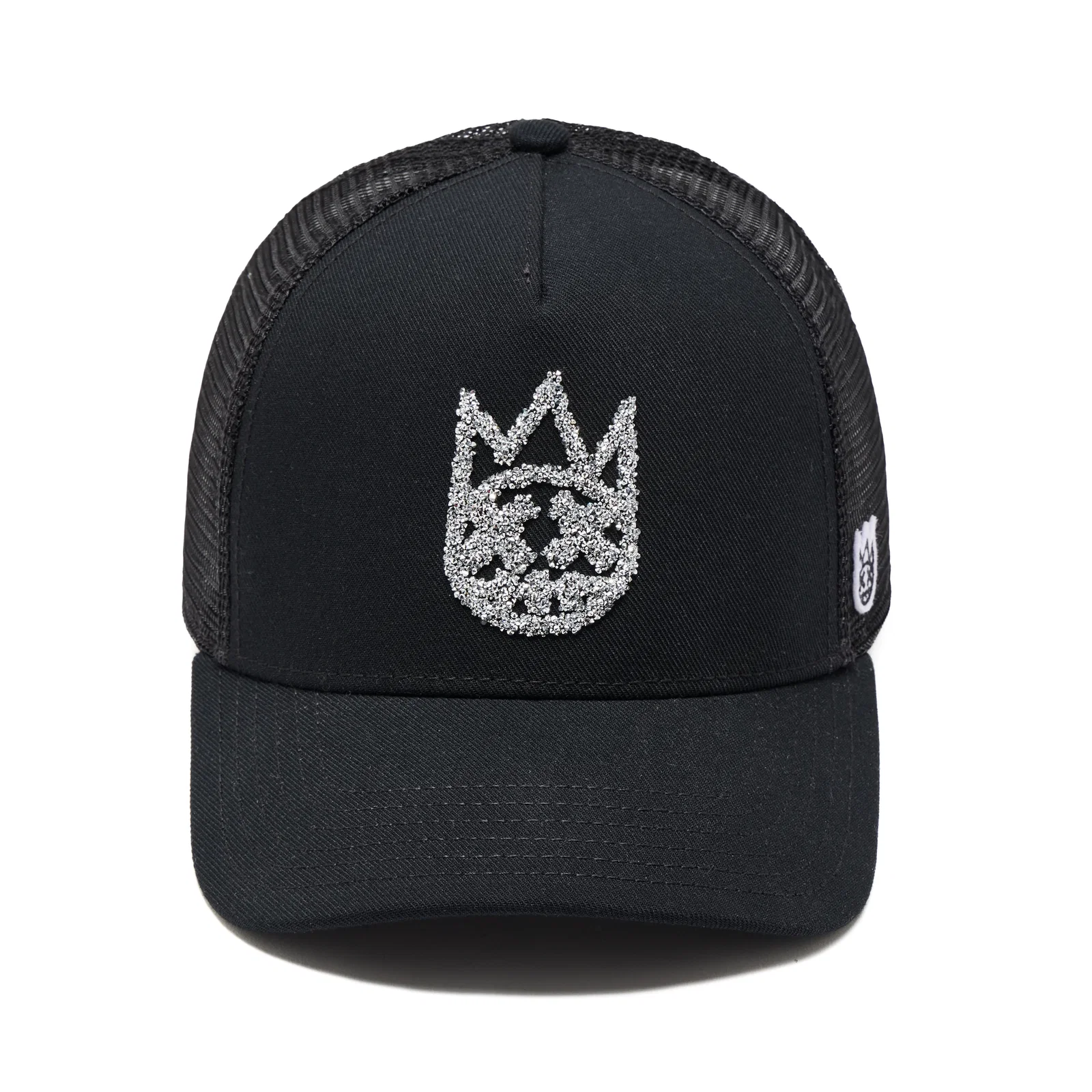 Image of Cult's Silver White Crystal Logo Mesh Back Trucker Hat in Black