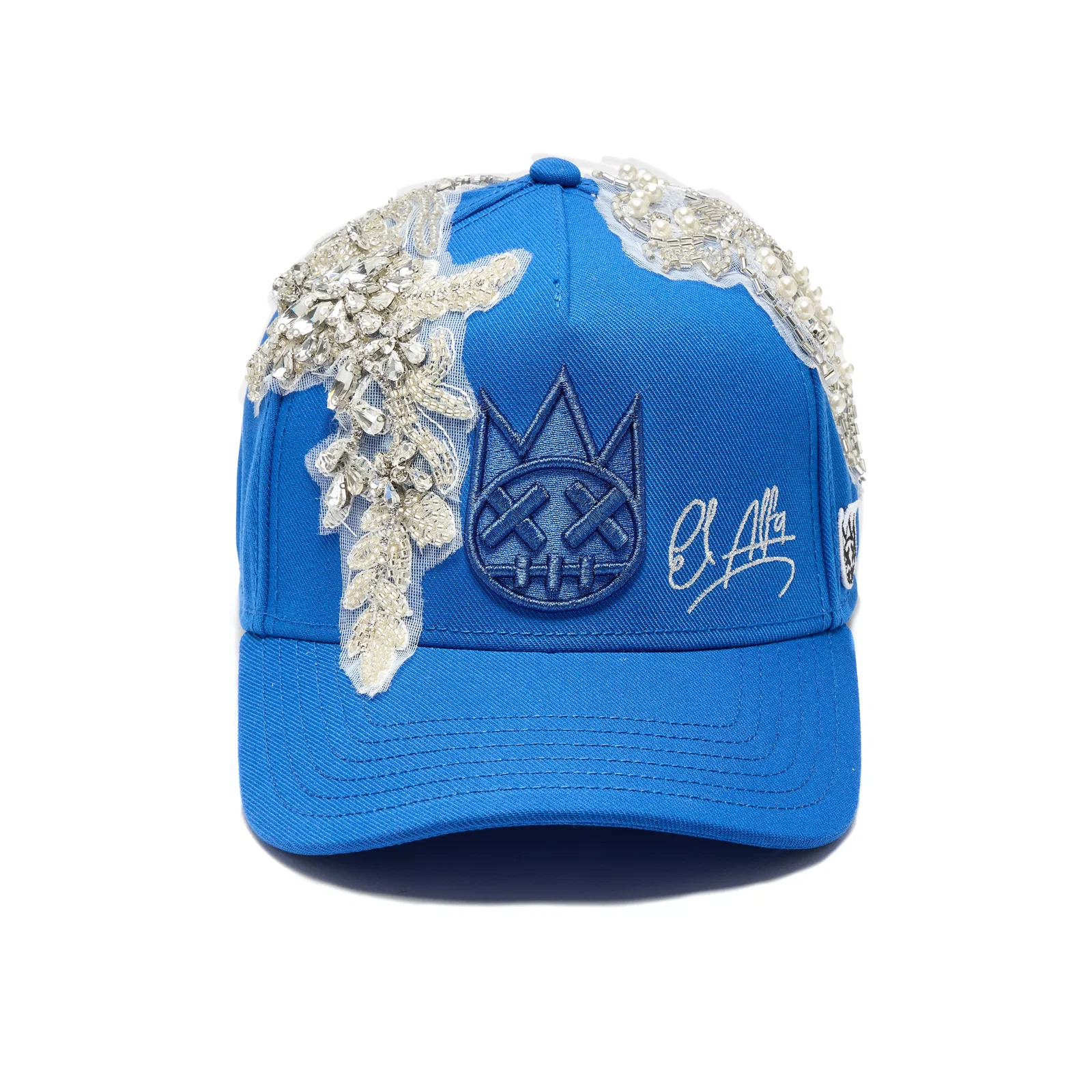 Image of Cult X El Alfa Lurex Emb Logo 5 Panel A Frame Trucker Hat in Blue