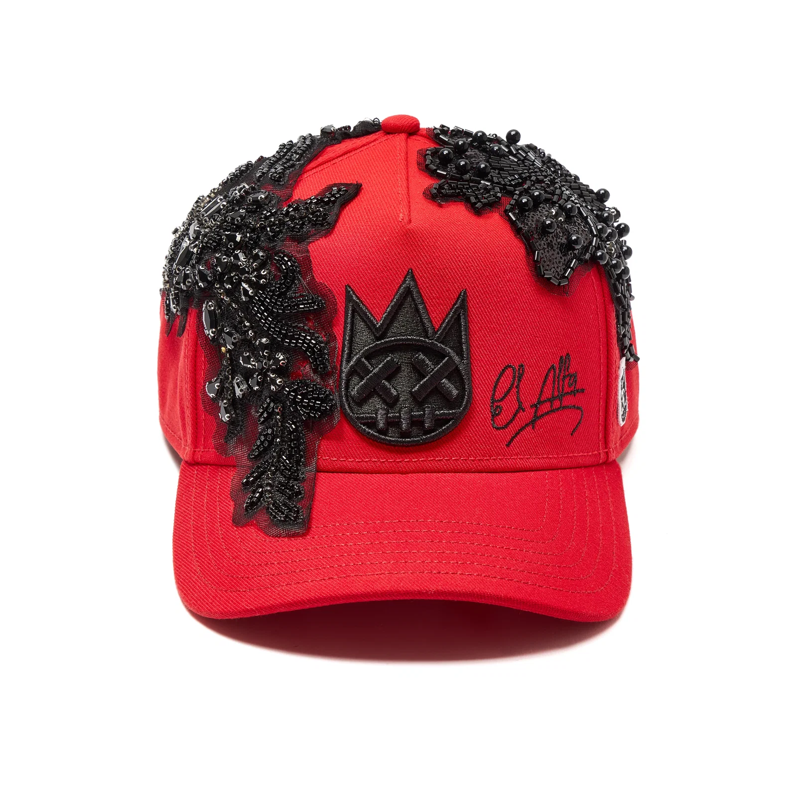 Image of Cult X El Alfa Lurex Emb Logo 5 Panel A Frame Trucker Hat in Red