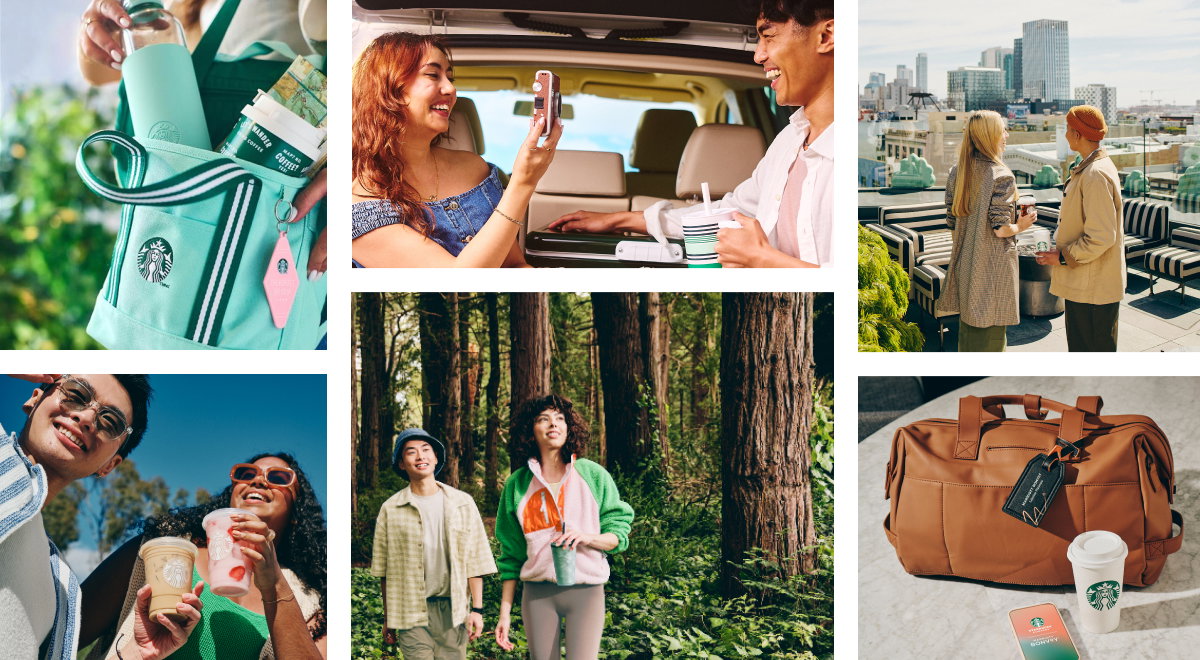 Various scenes of travelers enjoying Marriott Bonvoy and Starbucks on road trips.