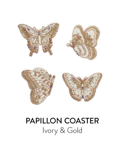 Papillon Coasters in Ivory & Gold, Set of 4 in Gift Bag