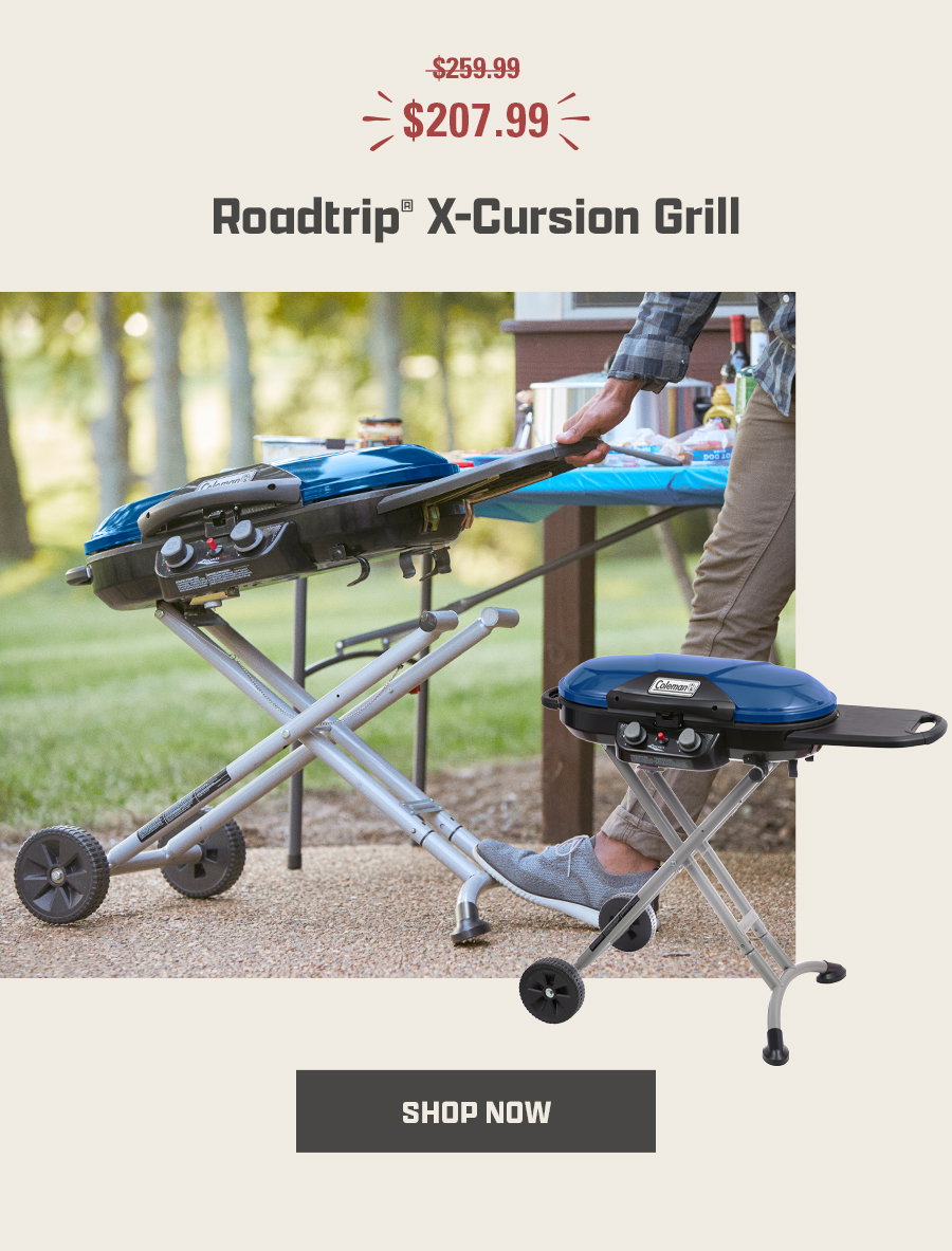 Roadtrip X-Cursion Grill on patio, sale price 207.99 down from 259.99, person adjusting grill, shop now button displayed.