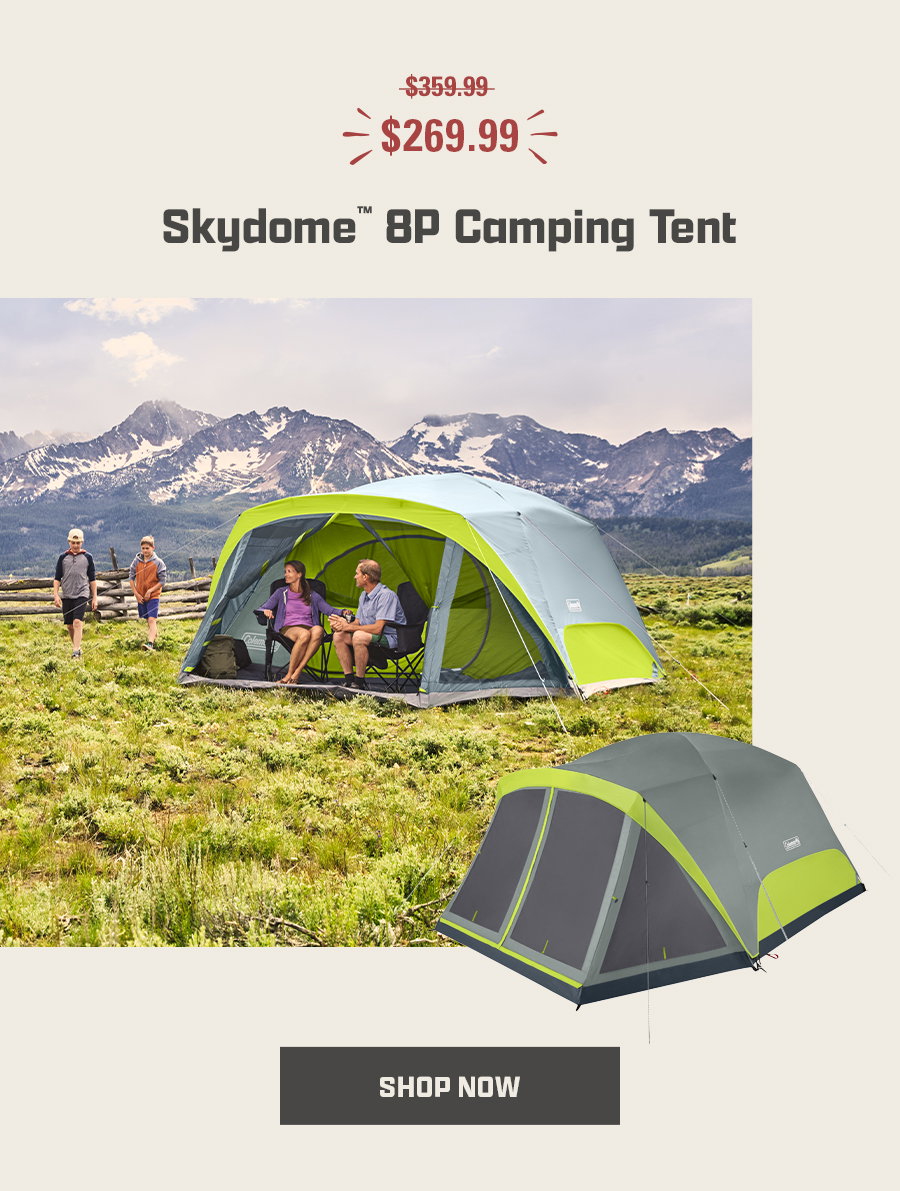 Skydome 8P camping tent promotional image with discounted price, two tents shown, shop now button below.