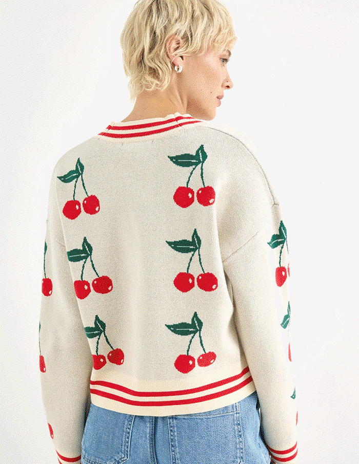 Cream Cherry V-Neck Knitted Cardigan