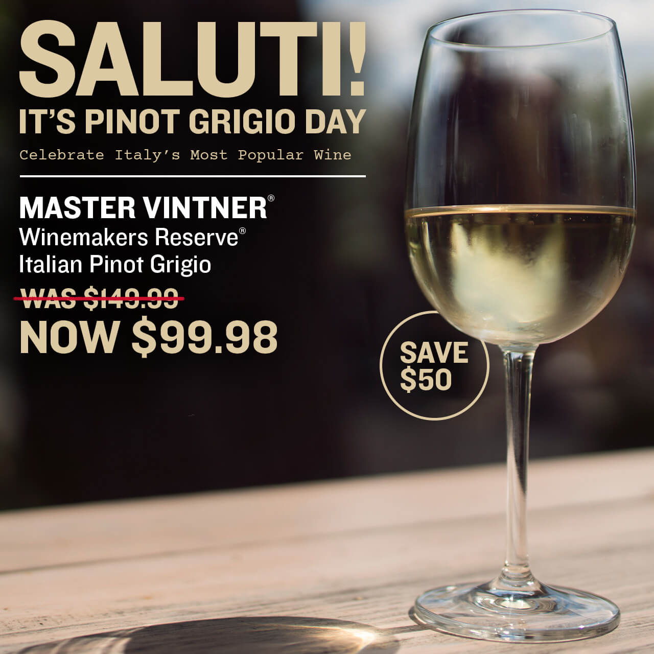 Saluti! It’s Pinot Grigio Day. Celebrate Italy’s Most Popular Wine. Save $50 on Master Vintner® Winemaker's Reserve® Italian Pinot Grigio Wine Kit. Now $99.98 over an image of a glass of Pinot Grigio outside on a sunny day.