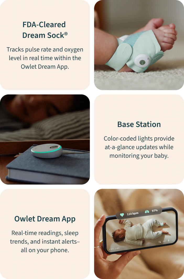 FDA-Cleared Dream Sock - Tracks pulse rate and oxygen level in real time within the Owlet Dream App. | Base Station - Color-coded lights provide at-a-glance updates while monitoring your baby. | Owlet Dream App - Real-time readings, sleep trends, and instant alerts– all on your phone.