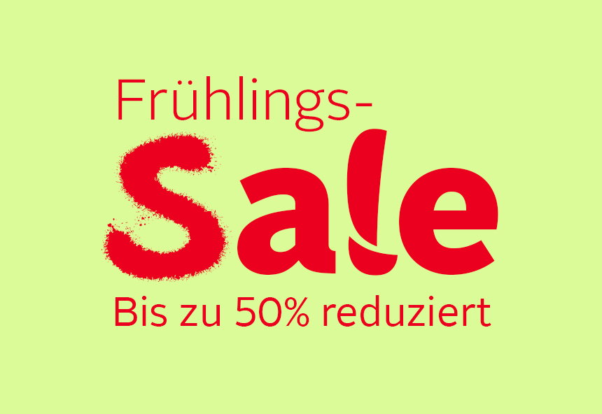 Hellgrüner Hintergrund mit rotem Text "Frühlings-Sale - Bis zu 50% reduziert".