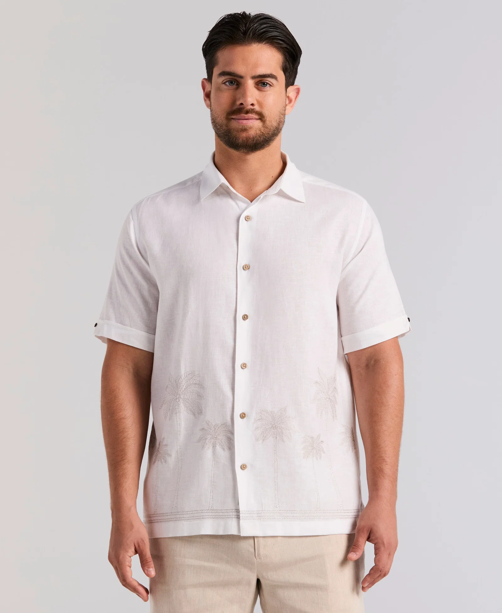 Image of Linen Blend Border Palm Embroidered Shirt
