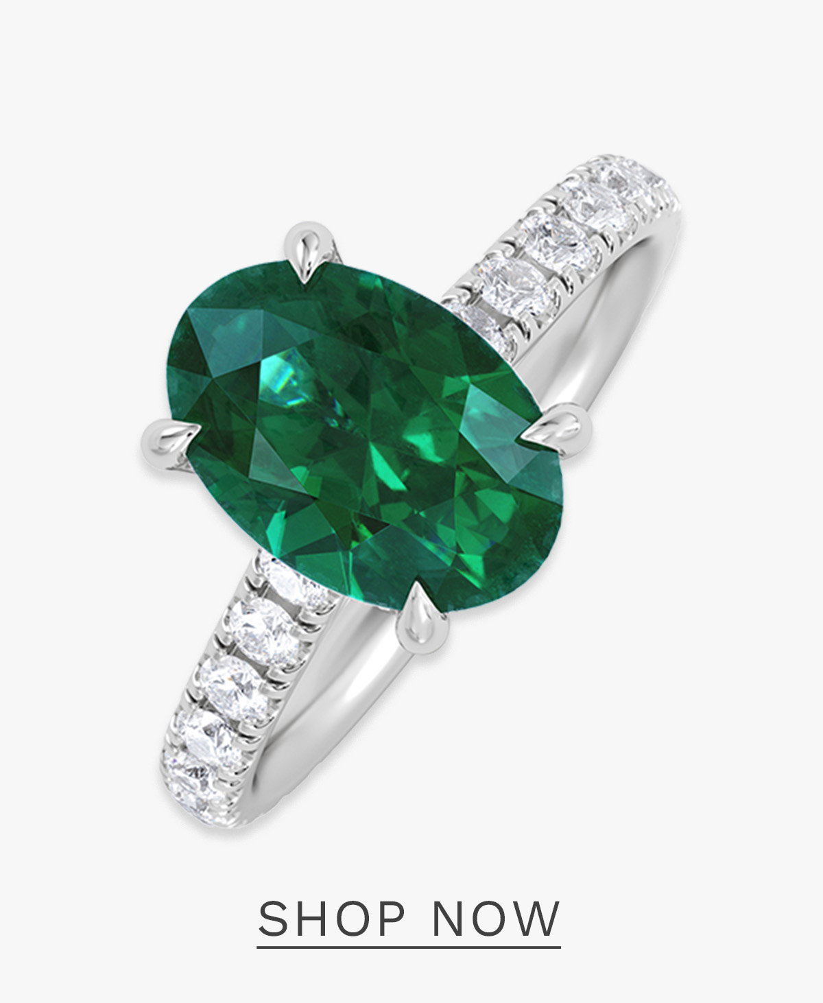 Amora Gem 2.00ct Oval Cut Lab Emerald Hidden Halo Engagement Ring with Side Stones in 18K White Gold