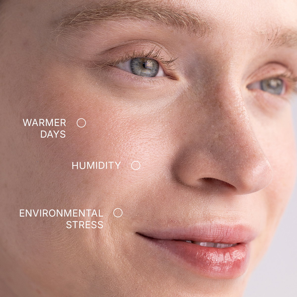 Close up of woman's skin. Warmer days, humidity, environmental stress.