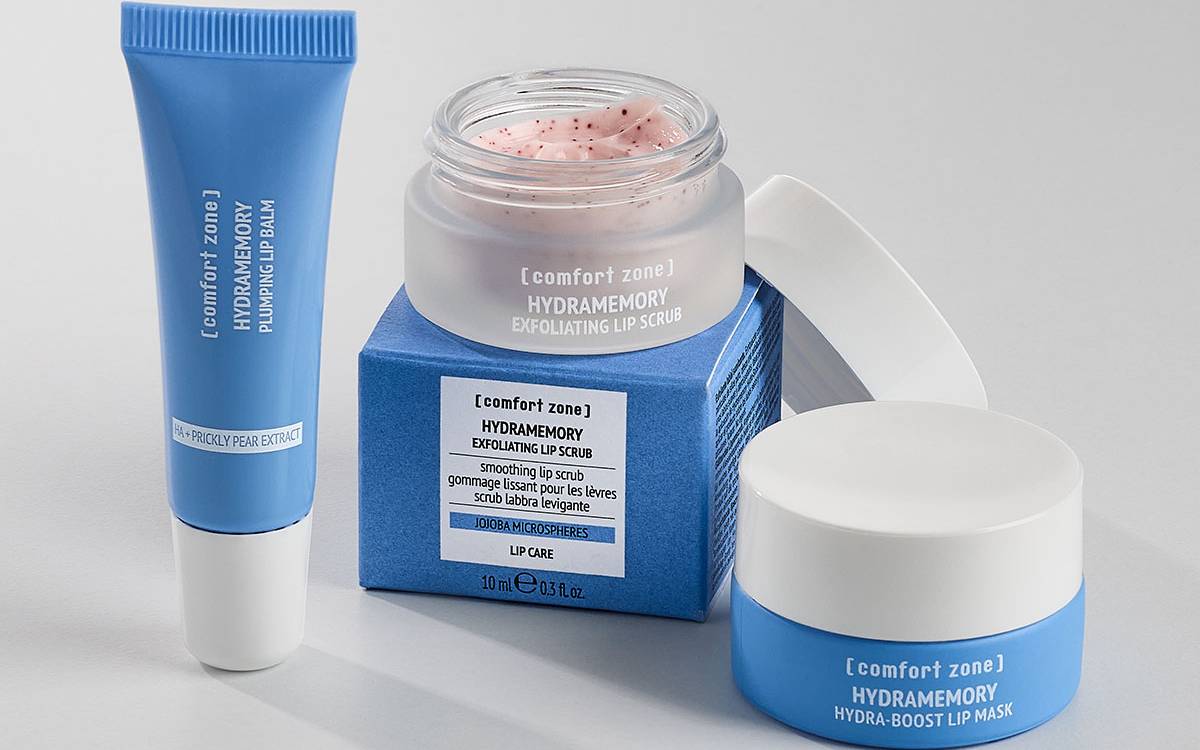 Hydramemory lip balm, lip scrub, and lip mask