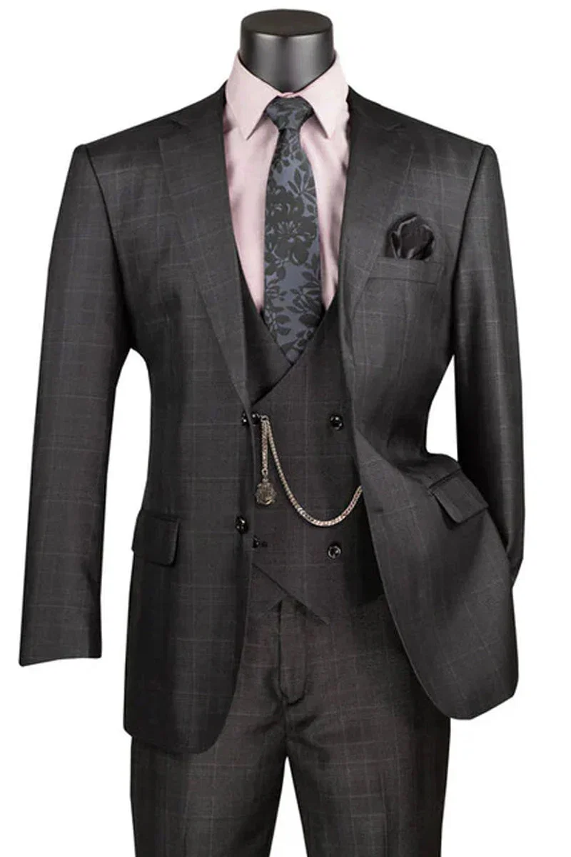 Men's 2 Button Vested Peak Lapel Plaid Windowpane Suit in Black