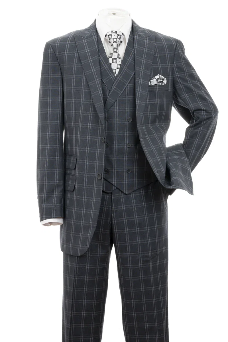 Mens 2 Button Double Breasted Vest Suit in Grey Windopane Plaid