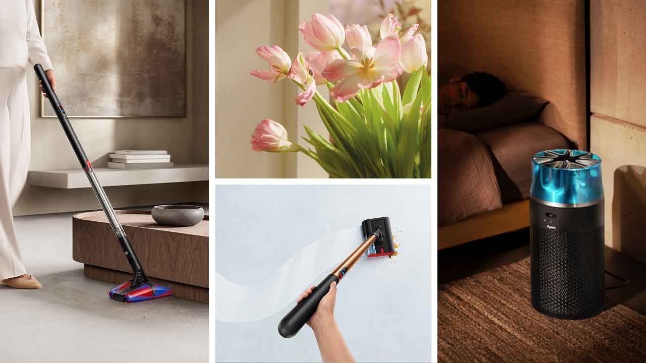 An assortment of photos, showing a woman cleaning her house with a Dyson vacuum, and close ups of the vacuum cleaning dirt and pet dander.