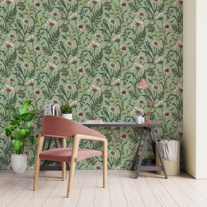 Wild Meadow Wallpaper Sage Green Fine Decor FD43337