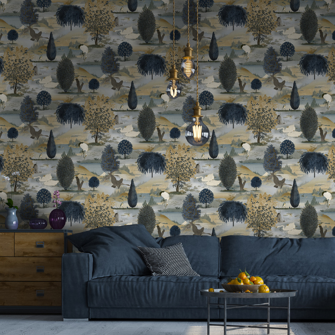 Swan Lake Wallpaper Navy / Ochre Holden 13491