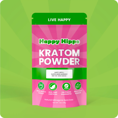 Happy Hippo I Kratom Powder stand-up pouch centered on a green background.