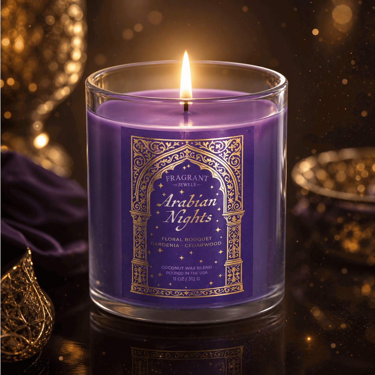 Clear Glass Arabian Nights Candle with purple wax and purple and gold label
