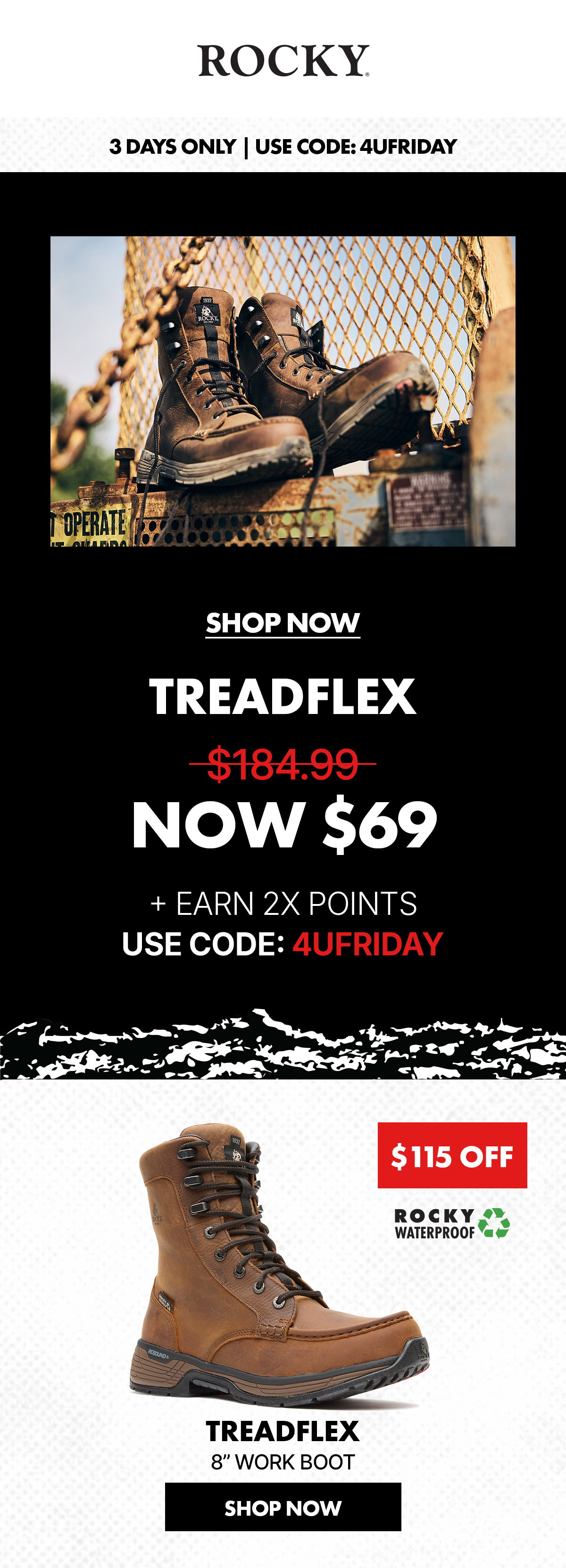 rocky boots | 3 days only | use code: 4UFRIDAY | shop now treadflex waterproof work boots | Now only $69 marked down from $184.99 | Save $115 & shop now