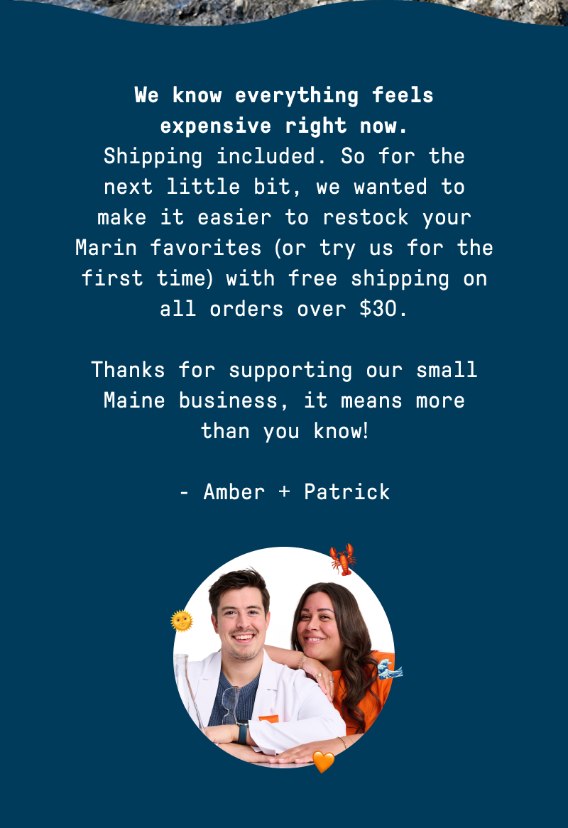 Dark navy section featuring a note from Marin co-founders Amber and Patrick about offering free shipping to help customers during expensive times. The message thanks customers for supporting their small Maine business. A circular photo of the co-founders smiling together appears at the bottom, decorated with lobster, sun, wave, and orange heart emojis.