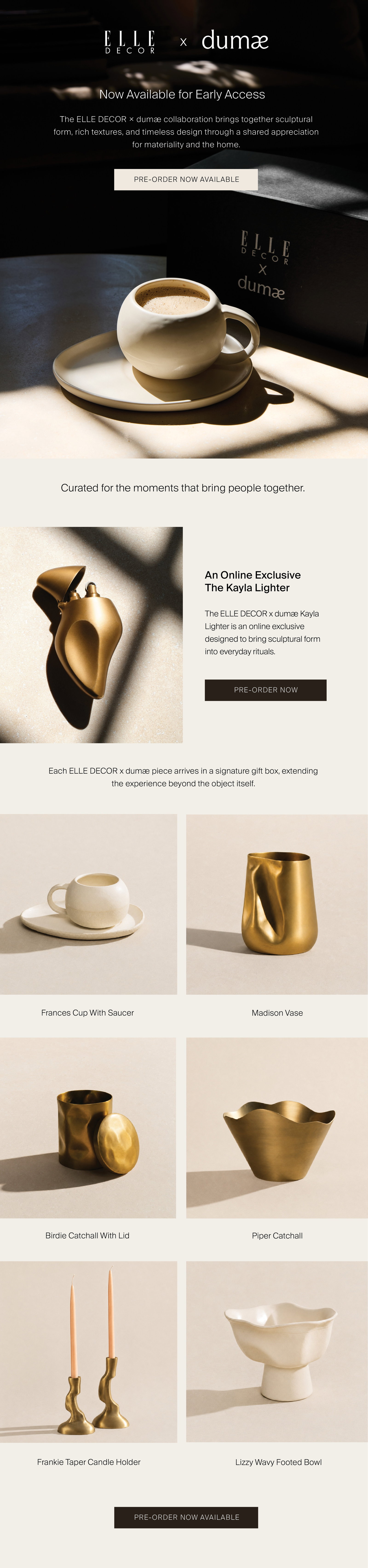 The ELLE DECOR × dumæ collaboration brings together sculptural form, rich textures, and timeless design through a shared appreciation for materiality and the home.