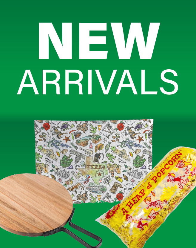 New Items graphic with bold white text on a green background, featuring a wooden paddle board, a Texas-themed dishcloth, and a heap-bag of popcorn below.