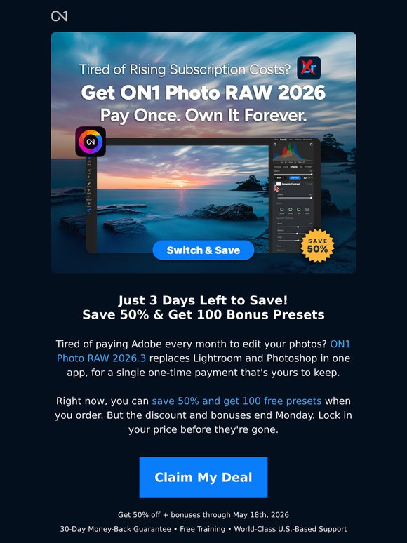 3 days left. Lock in 50% off + 100 free presets