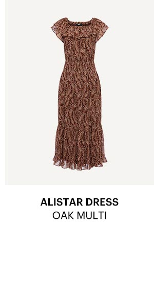 An image of a floral patterned silk maxi dress in brown and red tones - Shop the Alistar Dress in Oak Multi.