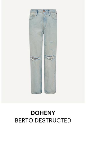 A pair of light wash denim jeans with cut-knee detail - Shop the Doheny in Berto Destructed.