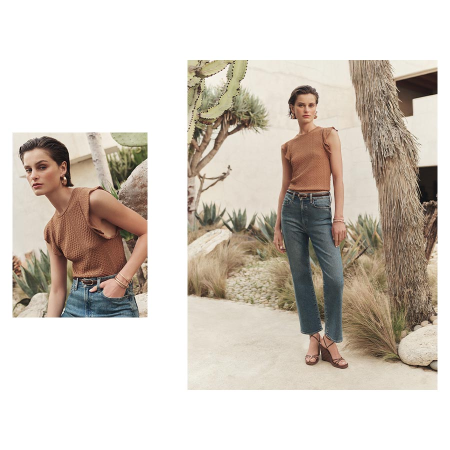 Side by side images of a woman wearing an earthy orange colored knit top with flowy capped sleeve detail and medium blue wash straight leg denim jeans paired with a thin brown leather belt and brown wooden heeled platform strappy sandals.