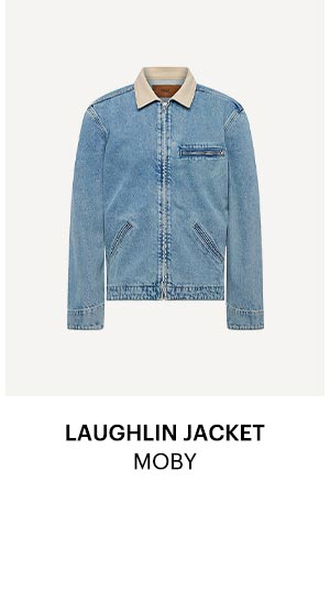 An image of a light wash denim zip up jacket with a light tan corduroy collar - Shop the Laughlin Jacket in Moby.