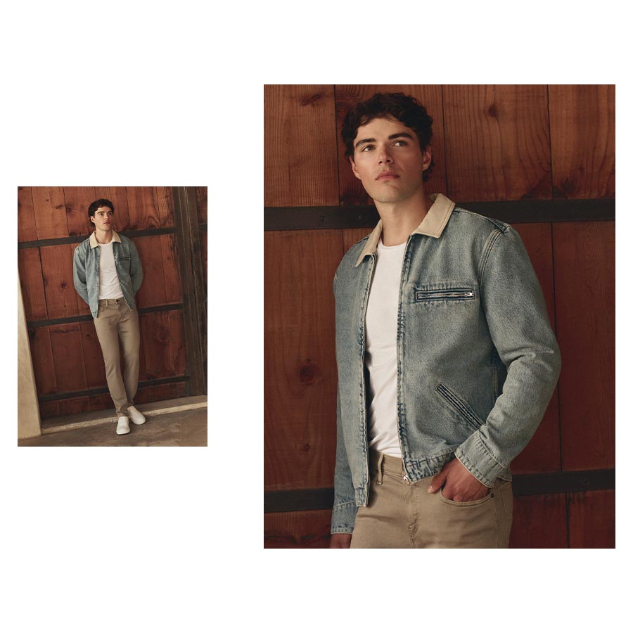 Side by side images of a man wearing light tan colored denim jeans, a white t-shirt and a light wash denim zip up jacket with a light tan corduroy collar.