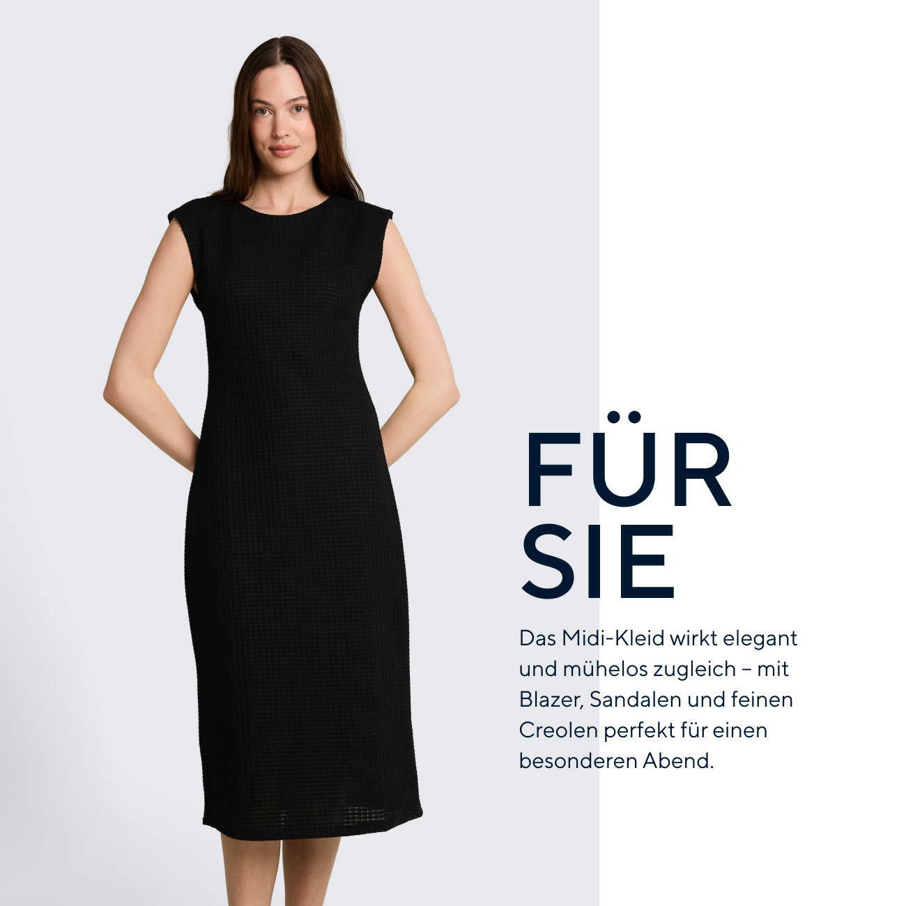 Für Sie: FÜR SIE Das Midi-Kleid wirkt elegant und mühelos zugleich – mit Blazer, Sandalen und feinen Creolen perfekt für einen besonderen Abend.