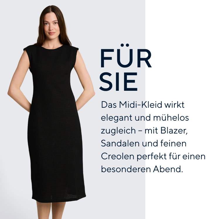 Für Sie: FÜR SIE Das Midi-Kleid wirkt elegant und mühelos zugleich – mit Blazer, Sandalen und feinen Creolen perfekt für einen besonderen Abend.