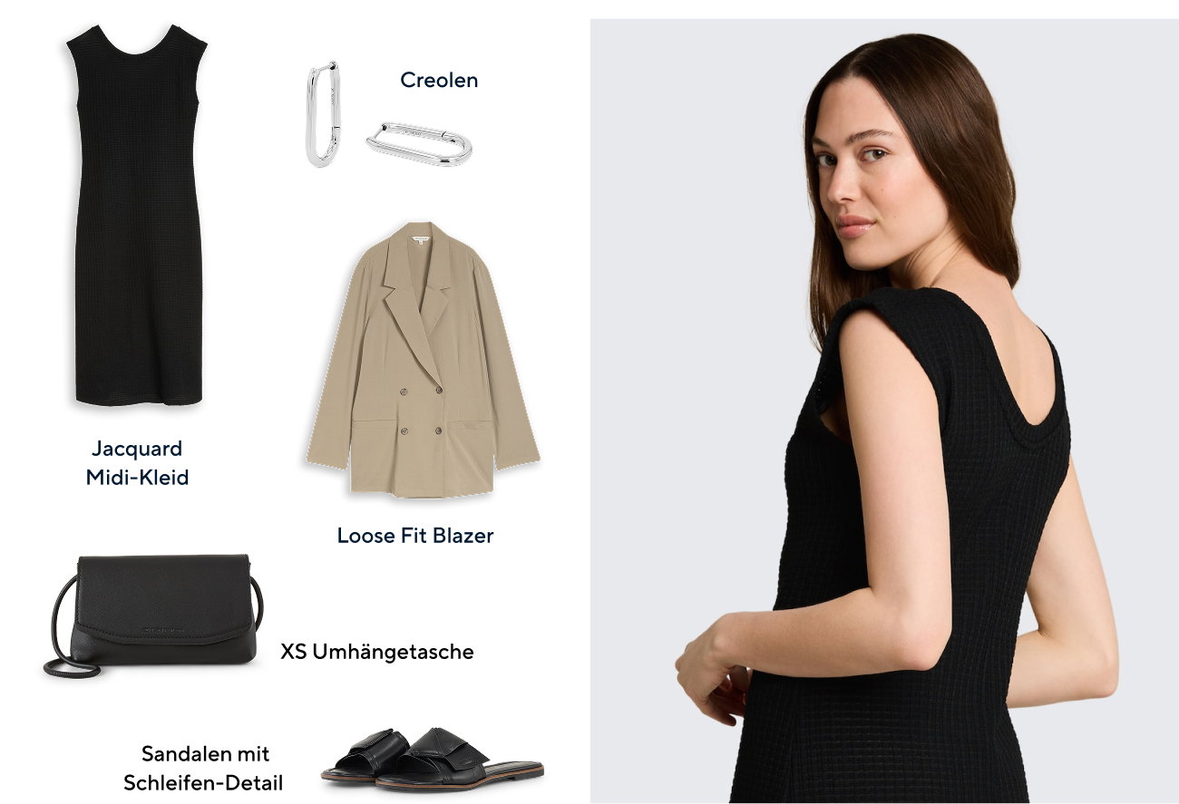 Für Sie: FÜR SIE Das Midi-Kleid wirkt elegant und mühelos zugleich – mit Blazer, Sandalen und feinen Creolen perfekt für einen besonderen Abend.