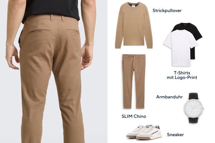 Für Ihn: Klar, modern, unkompliziert: Chino und schlichtes T-Shirt, dazu ein leichter Pullover – ein stimmiger Gesamtlook.