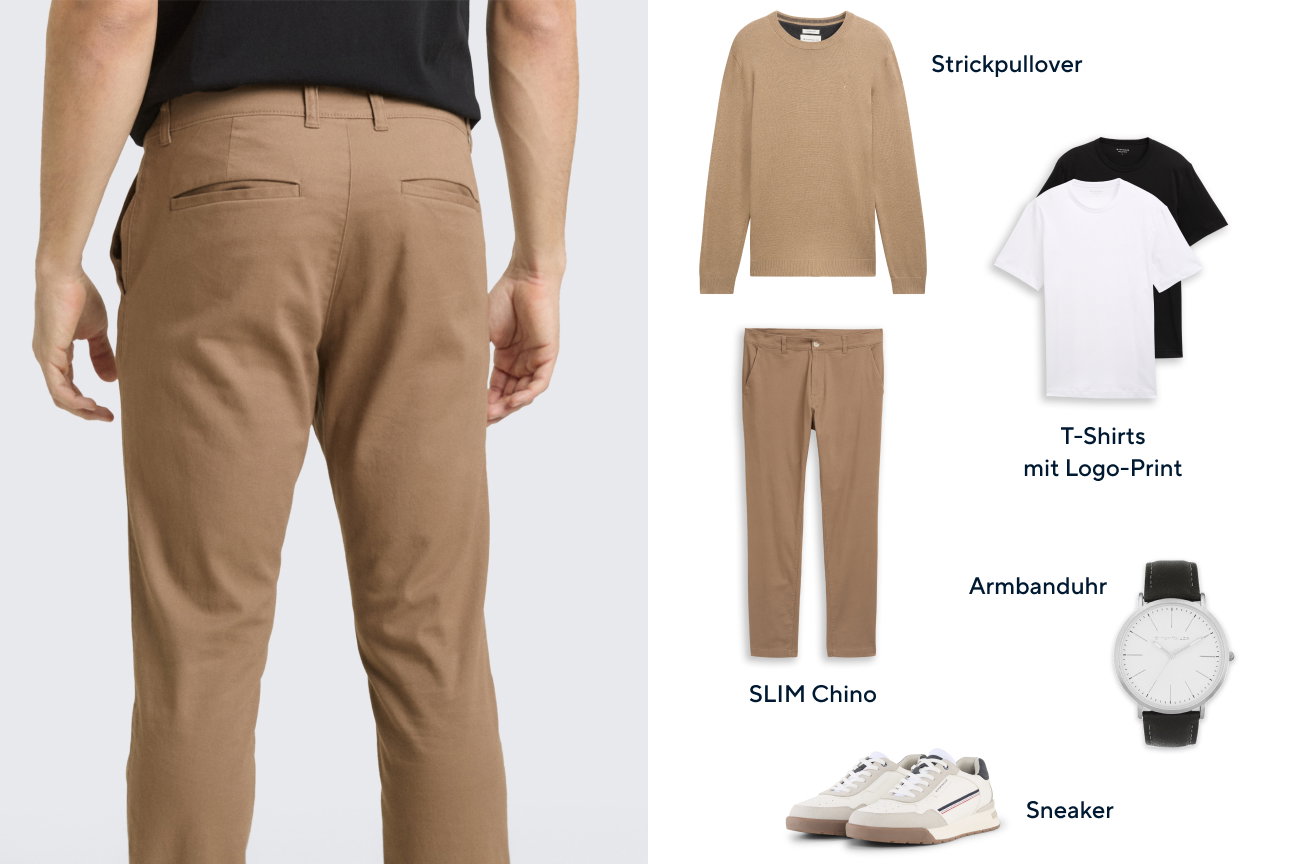 Für Ihn: Klar, modern, unkompliziert: Chino und schlichtes T-Shirt, dazu ein leichter Pullover – ein stimmiger Gesamtlook.