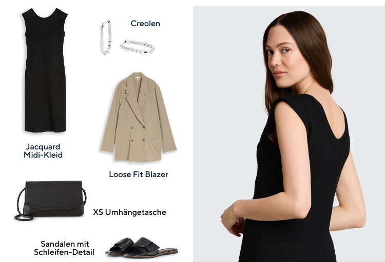 Für Sie: FÜR SIE Das Midi-Kleid wirkt elegant und mühelos zugleich – mit Blazer, Sandalen und feinen Creolen perfekt für einen besonderen Abend.