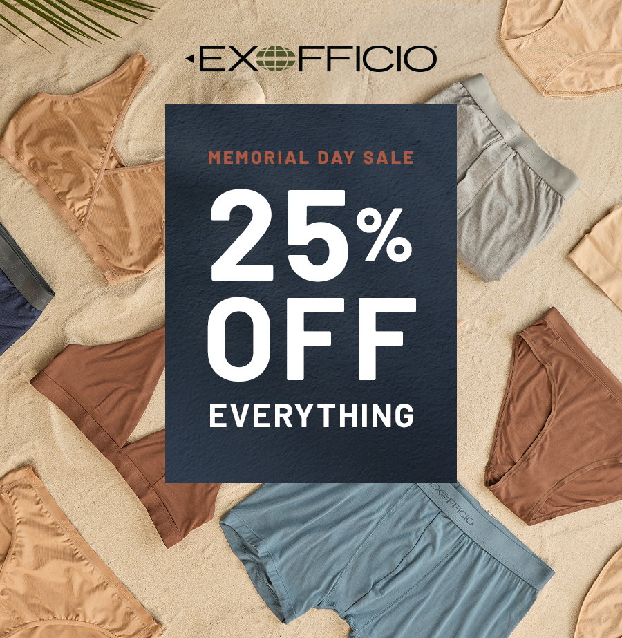 Memorial Day sale 25 percent off everything in bold text, surrounded by assorted underwear on a flat surface.