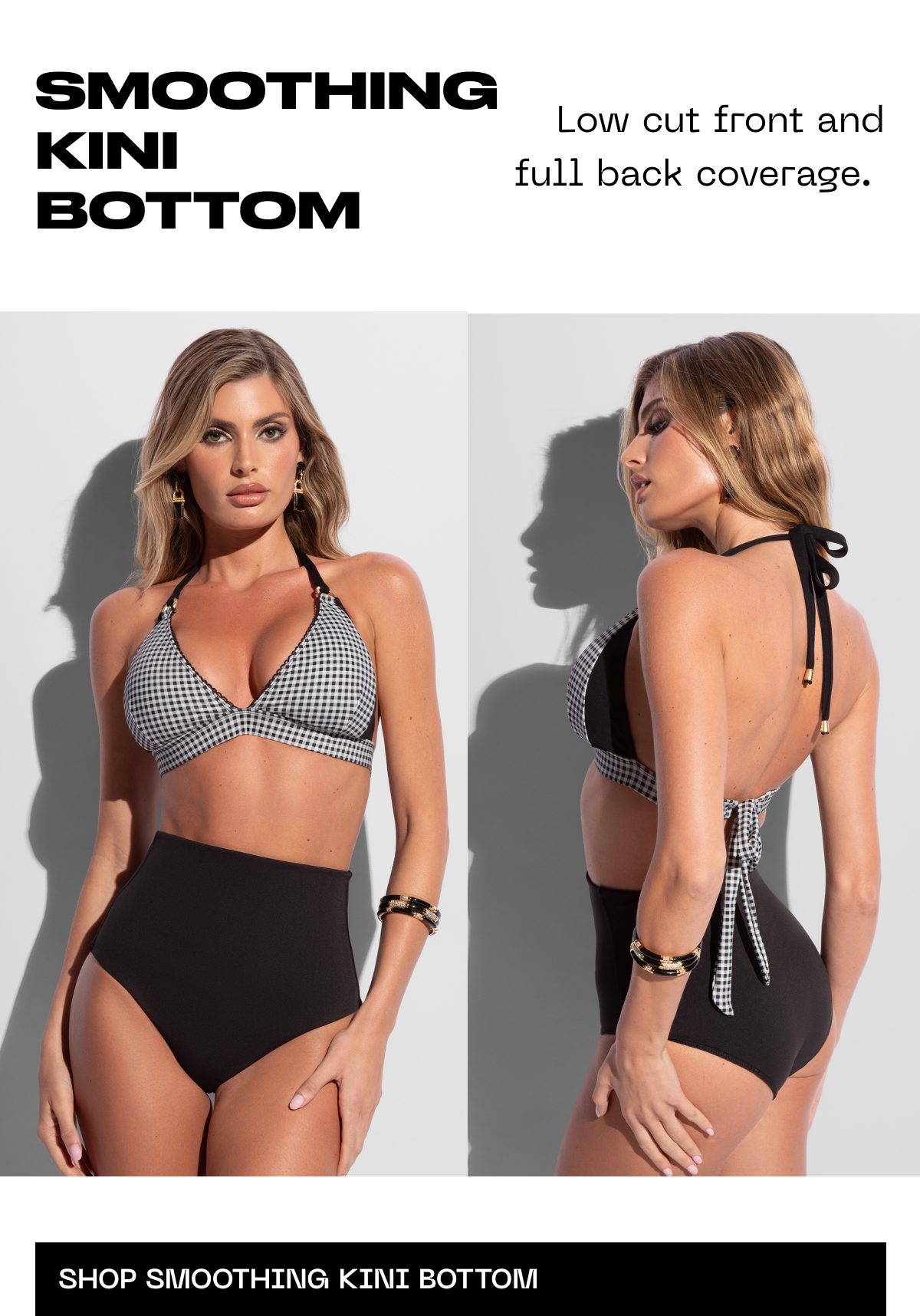 A model wearing a black and white bikini with a low cut front and high-waisted bottom.