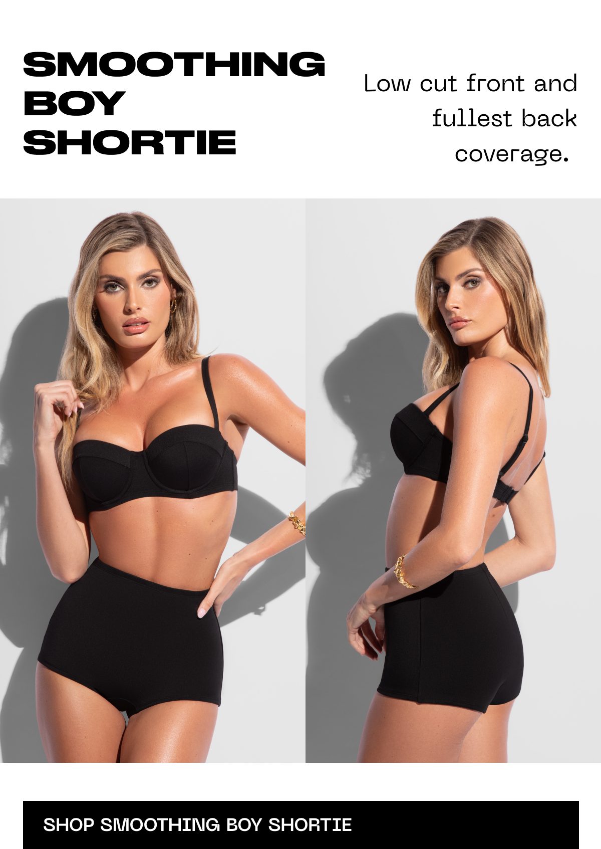 Model wearing a black smoothing boy short with low cut front and full back coverage.
