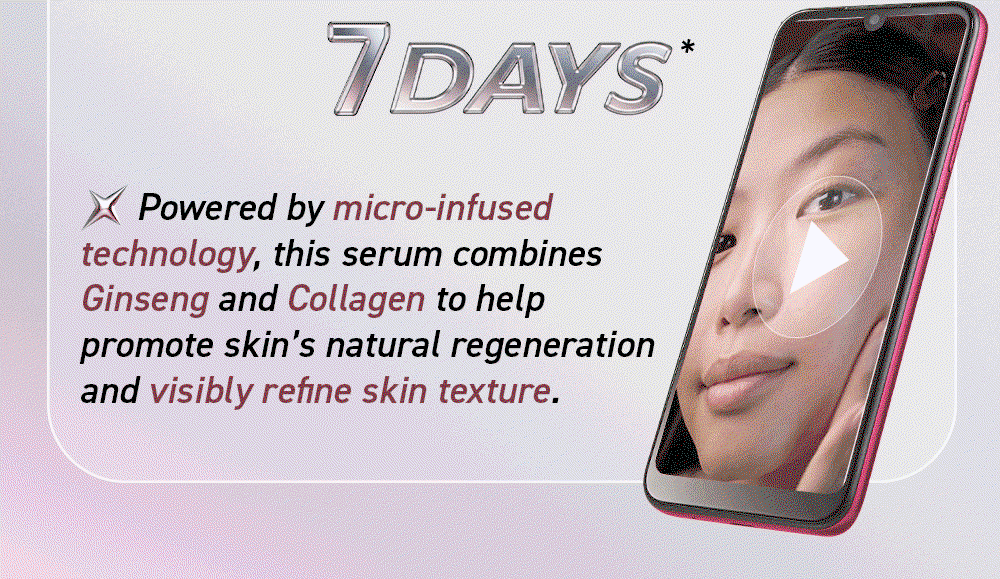 Powered by micro-infused technology, this serum combines Ginseng and Collagen to help promote skin’s natural regeneration and visibly refine skin texture.