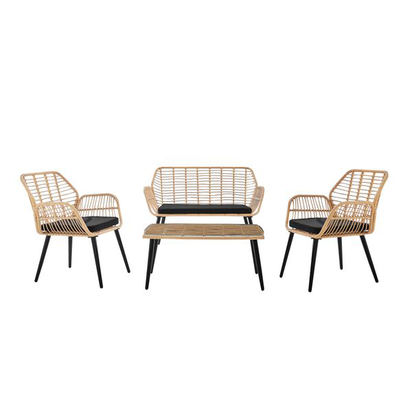 7tlg. helles Rattan Loungeset mit Sitzkissen in schwarz