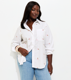 Curves White Embroidered Floral Poplin Shirt