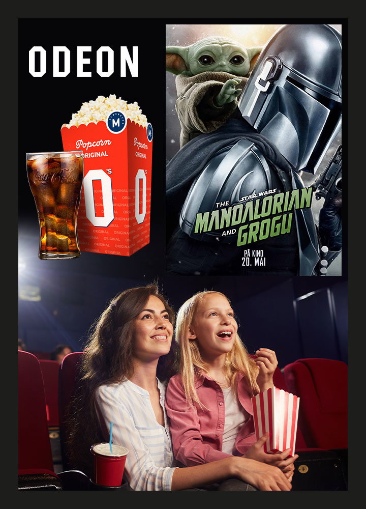 Kinobilletter hos ODEON, velg popcornmeny, hverdagsbillett, ordinær- eller gullbillett